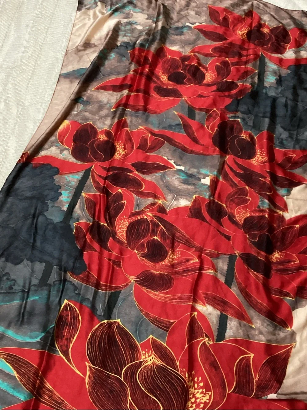 Wrapables Silk Like Satin Polyester Large Scarf Wrap, Red Lotus Colorful Scarf
